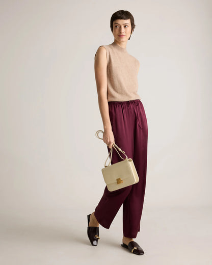 100% Washable Silk Drawstring Wide Leg Pants - XS / Champagne