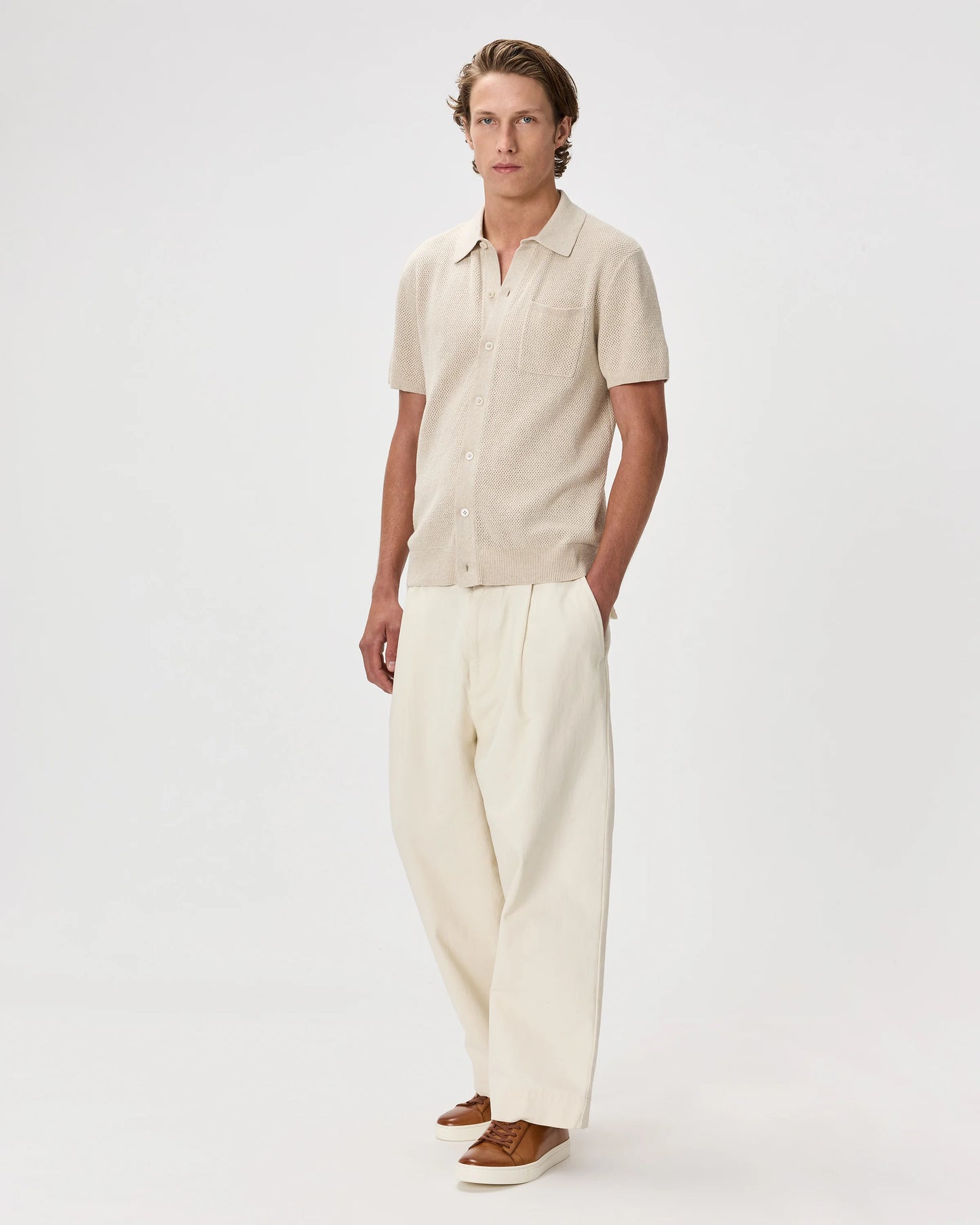 100% Organic Cotton Mesh-Stitch Button-Up Sweater Polo - XS / Speckled Beige