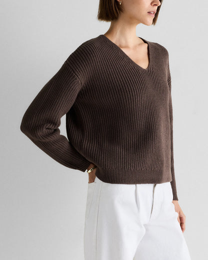100% Organic Cotton Fisherman V-Neck Sweater - XS / Heather Brown