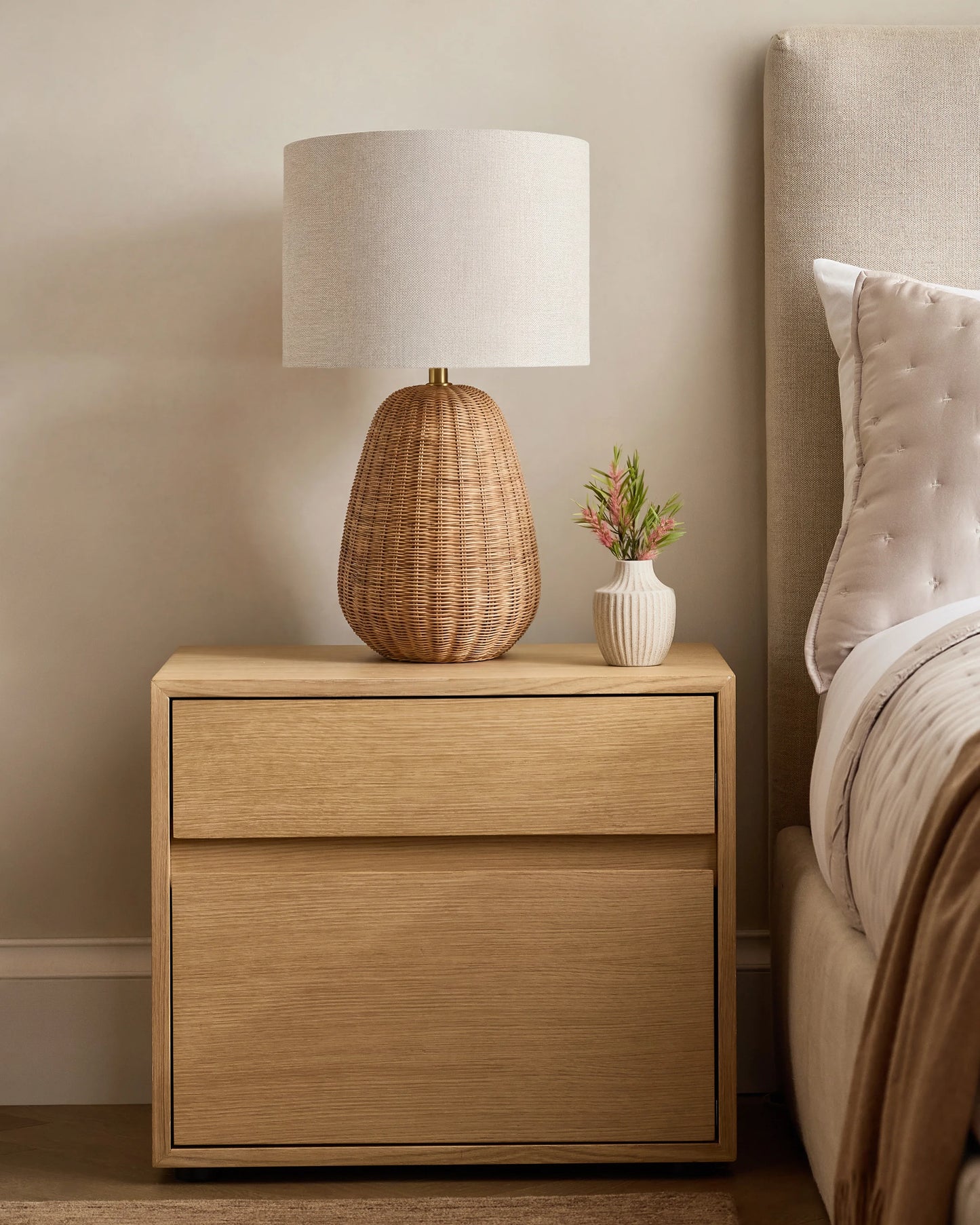 Natural Rattan Table Lamp with Linen Shade - One Size / Light Brown