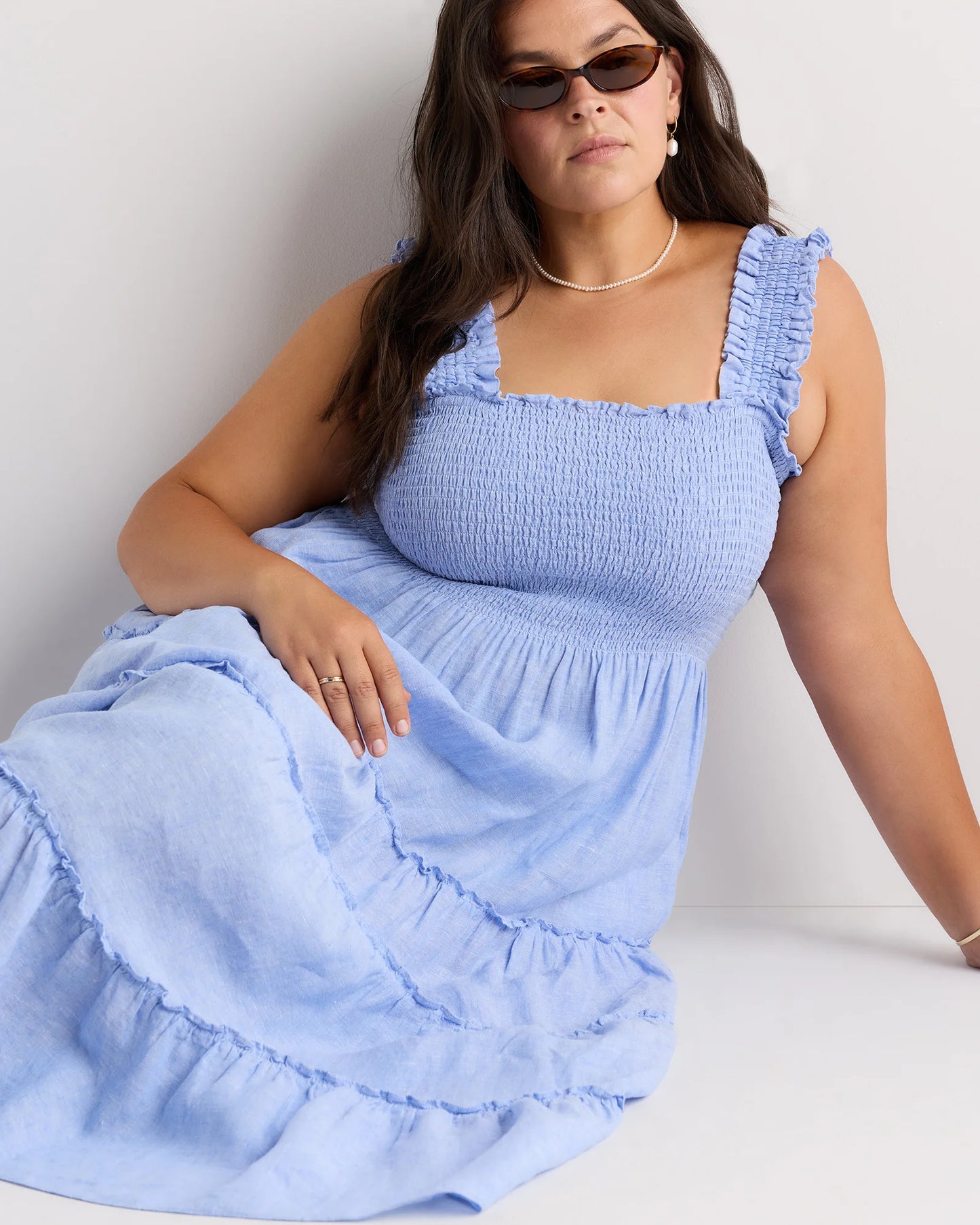 100% European Linen Smocked Midi Dress - 1X / Flax