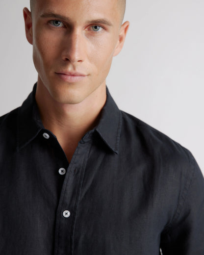 100% European Linen Relaxed Short Sleeve Shirt - XS / Taupe Brown Chambray