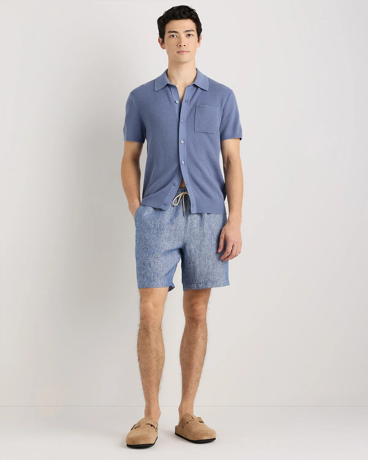 100% European Linen Drawstring Beach Shorts - 7" - XS / Taupe Brown Chambray