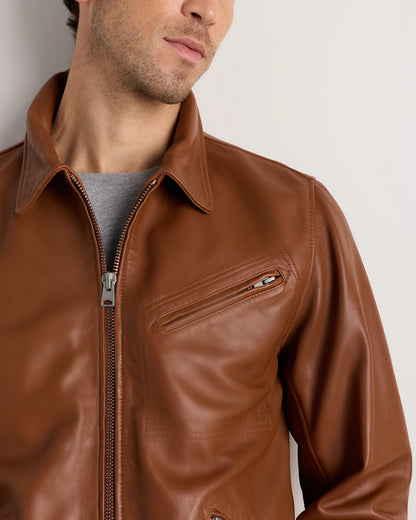 100% Washed Leather Moto Jacket - S / Dark Cognac Brown