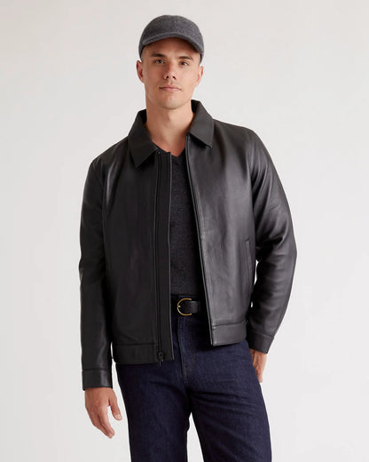 100% Leather Harrington Jacket - S / Dark Cognac Brown