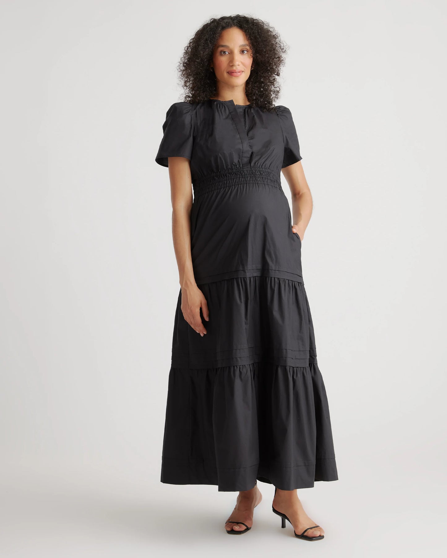 100% Organic Cotton Poplin Maternity Tiered Maxi Dress - XS / Riviera Blue Heirloom Floral