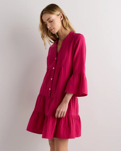 100% Organic Cotton Gauze Long Sleeve Tiered Mini Dress - XS / Amaranth Pink