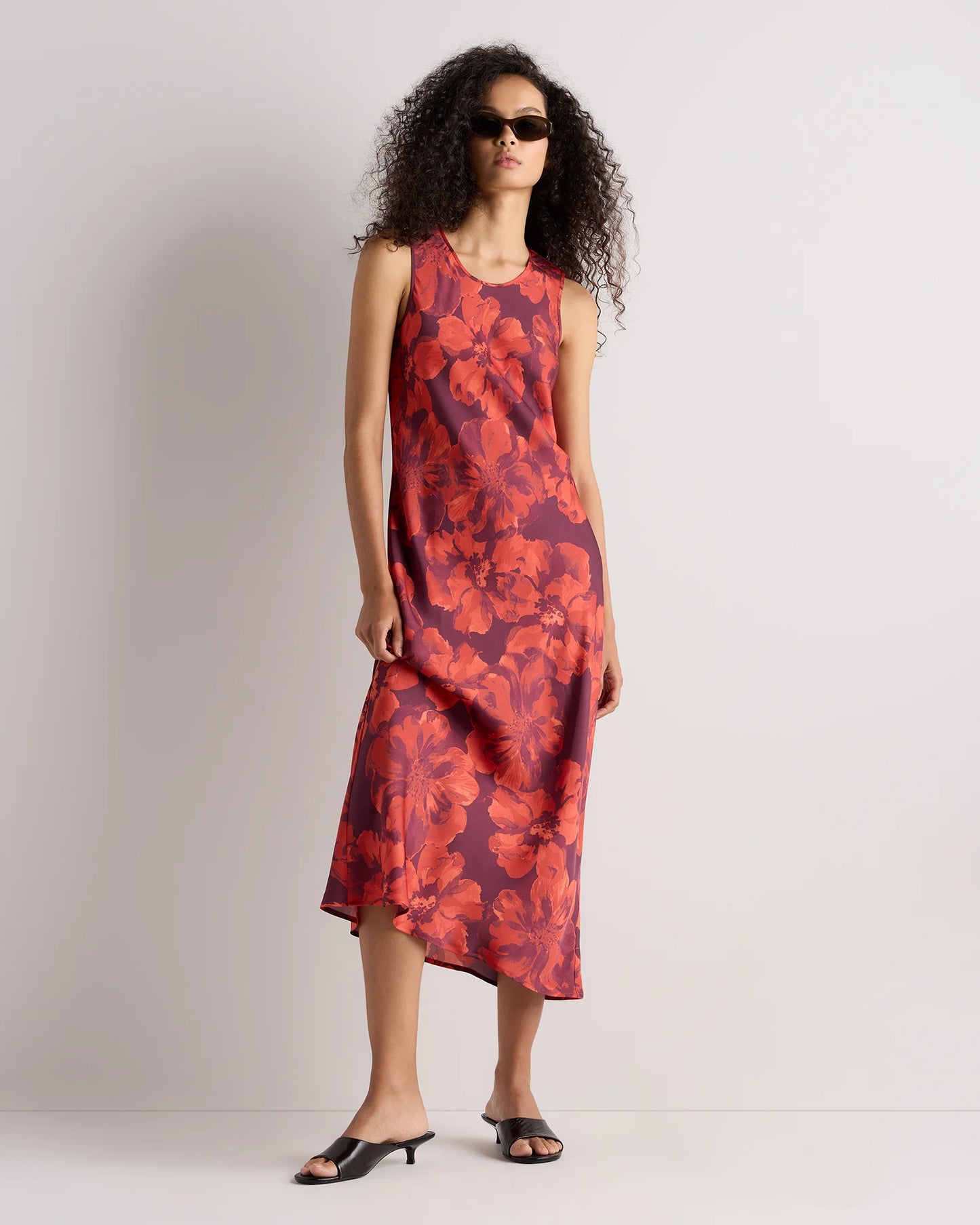 Washable Stretch Silk Tank Midi Dress - XS / Cordovan Red Hibiscus