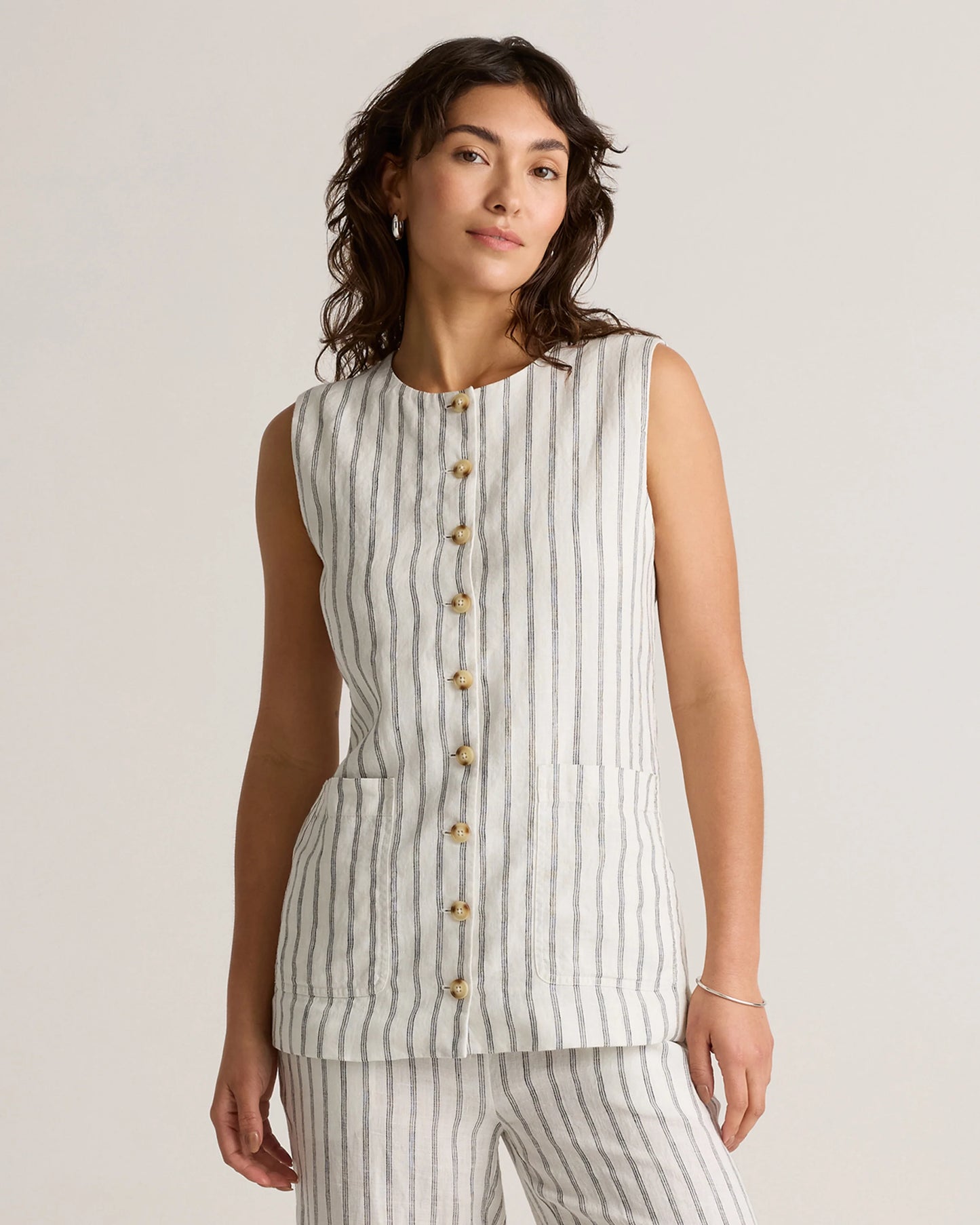 100% European Linen Longline Vest - XS / Taupe Brown Chambray