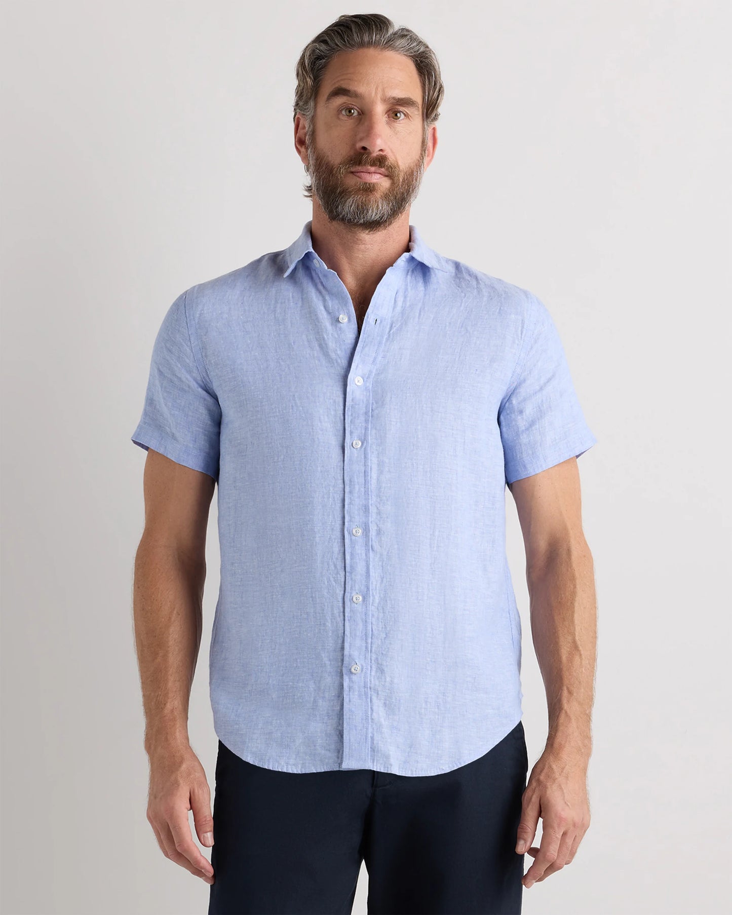 100% European Linen Relaxed Short Sleeve Shirt - XS / Taupe Brown Chambray