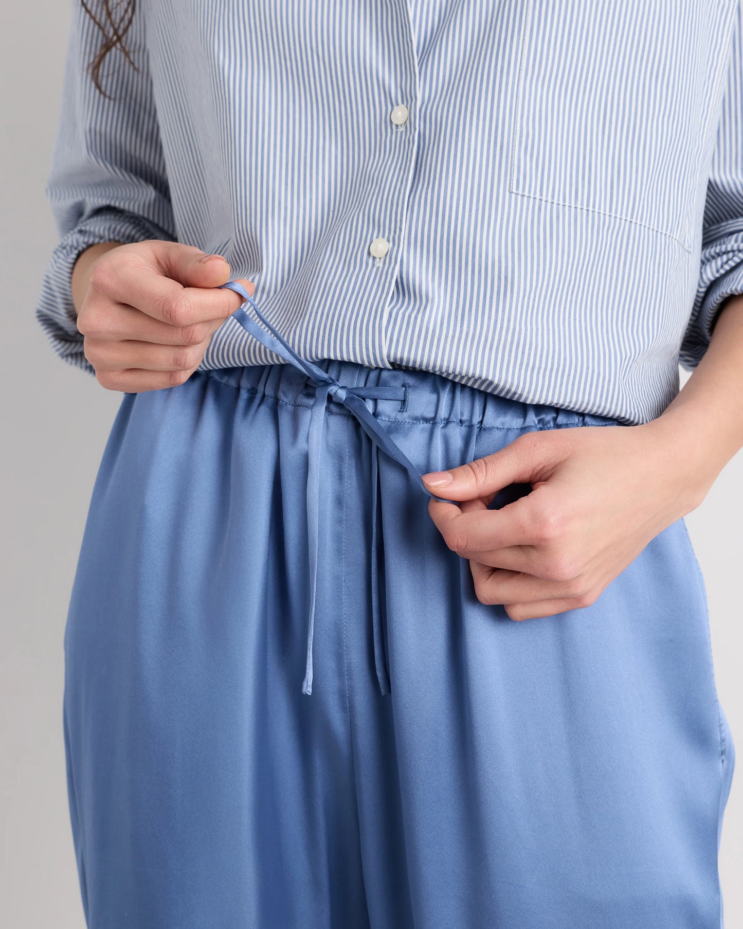 100% Washable Silk Drawstring Wide Leg Pants - XS / Champagne