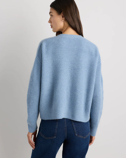 Mongolian Cashmere Fisherman Boxy Cropped Cardigan Sweater - XS / Faded Denim