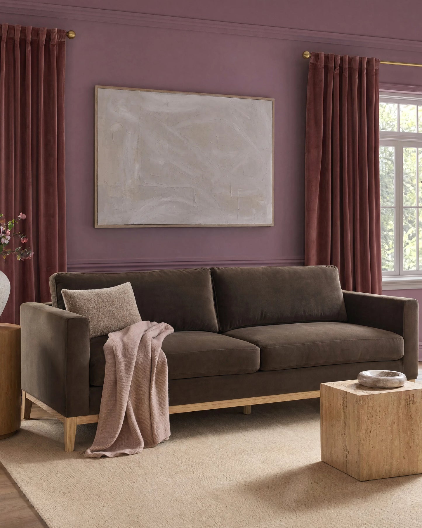 Performance Velvet Sofa with Solid Oak Base - 7ft / Java