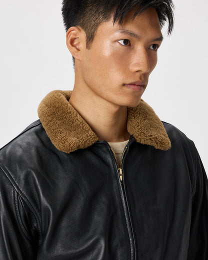 Shearling Collar Leather Flight Jacket - S / True Black