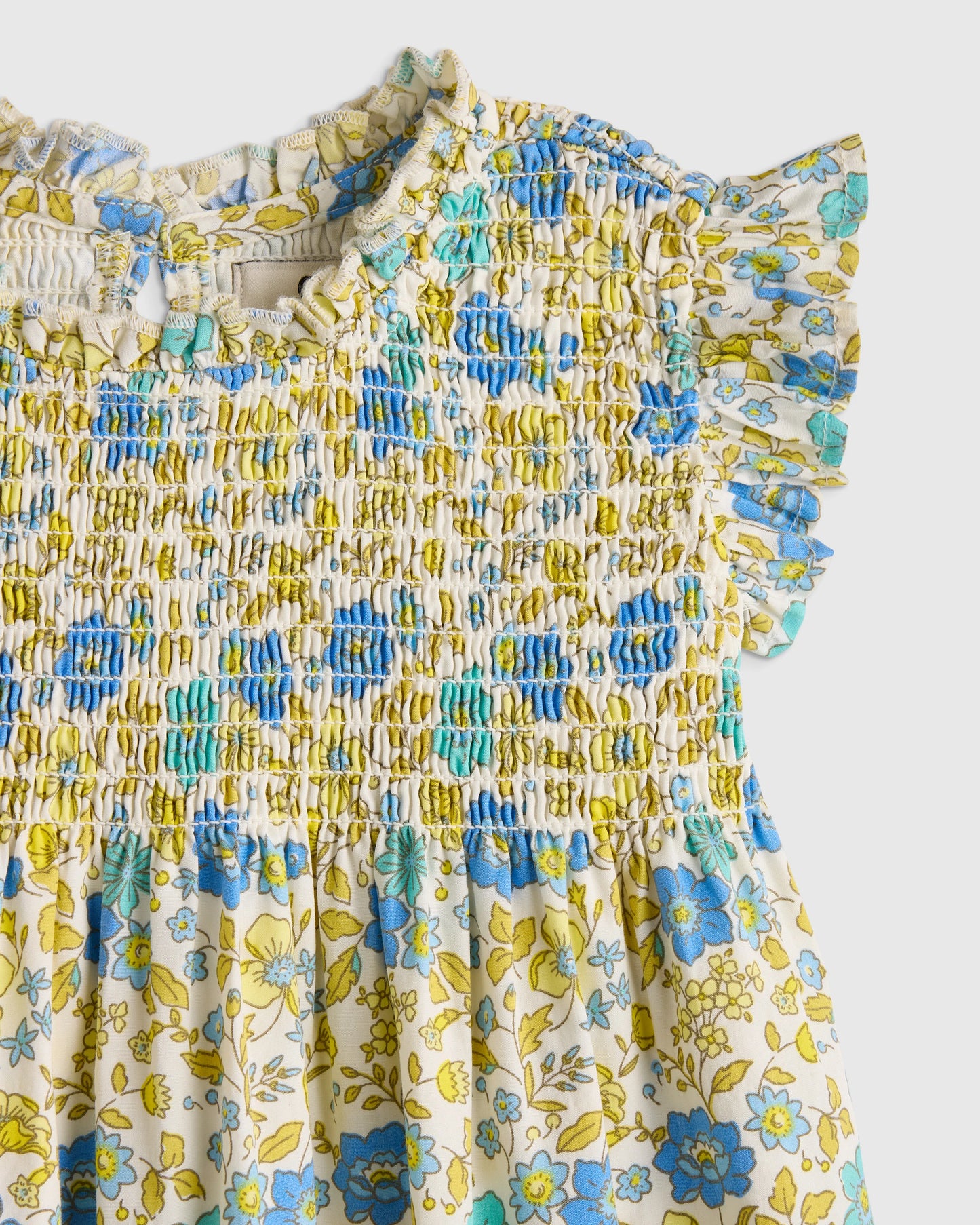 100% Organic Cotton Poplin Smocked Flutter Sleeve Dress - 3-6M / Blue Ditsy Floral