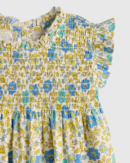 100% Organic Cotton Poplin Smocked Flutter Sleeve Dress - 3-6M / Blue Ditsy Floral