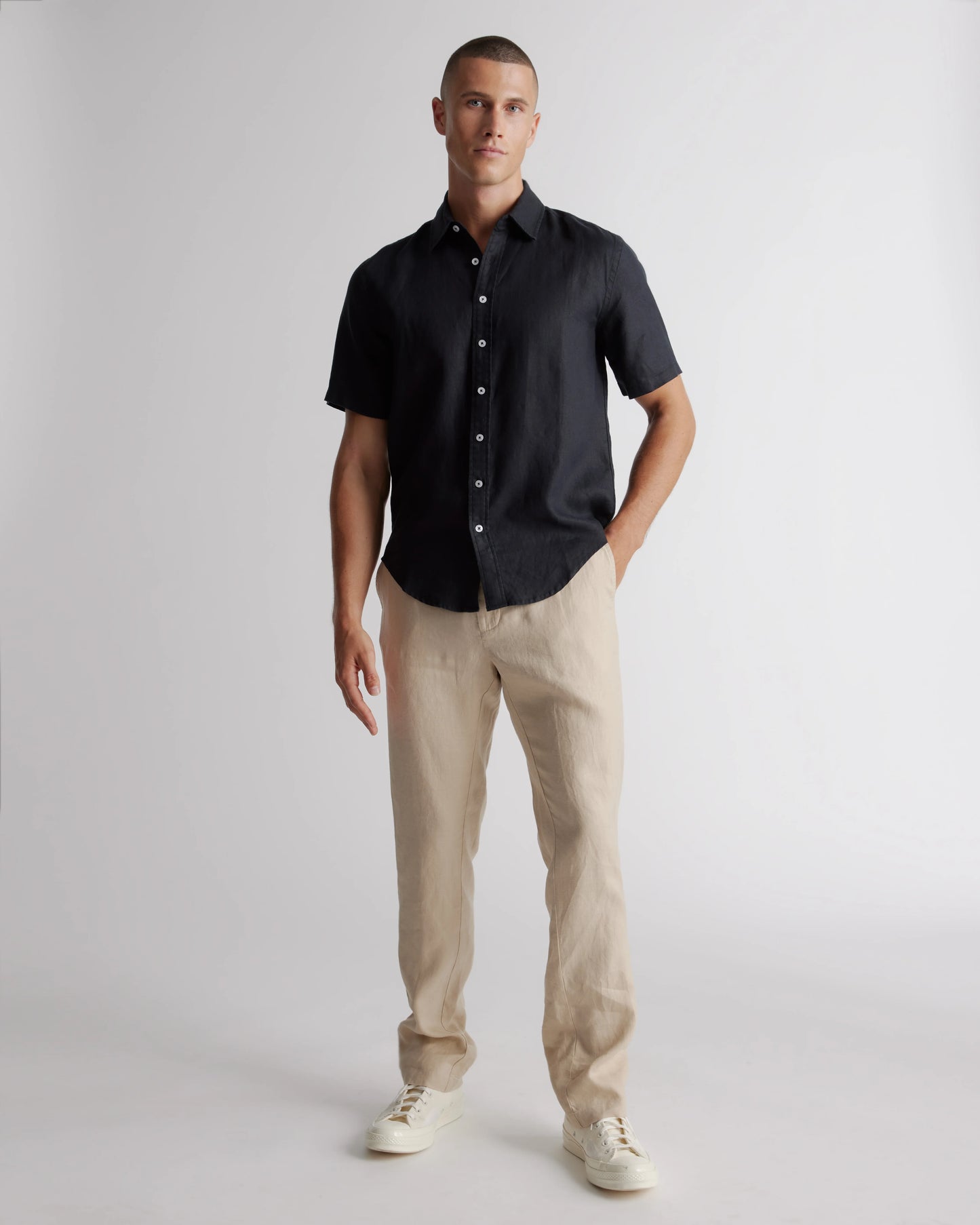 100% European Linen Relaxed Short Sleeve Shirt - XS / Taupe Brown Chambray