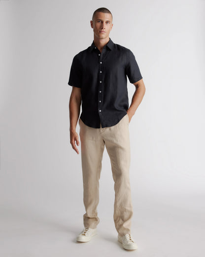 100% European Linen Relaxed Short Sleeve Shirt - XS / Taupe Brown Chambray