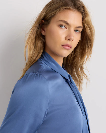 Washable Stretch Silk Tie Neck Blouse - XS / Moonstone Blue