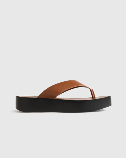 Italian Leather Thong Platform Sandal - 5 / Cognac