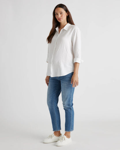 100% European Linen Maternity Long Sleeve Shirt - XS / Blue Pinstripe