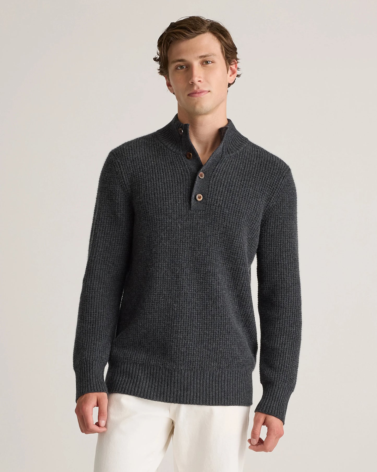 Mongolian Cashmere Waffle Quarter Button Sweater - S / Elk Brown