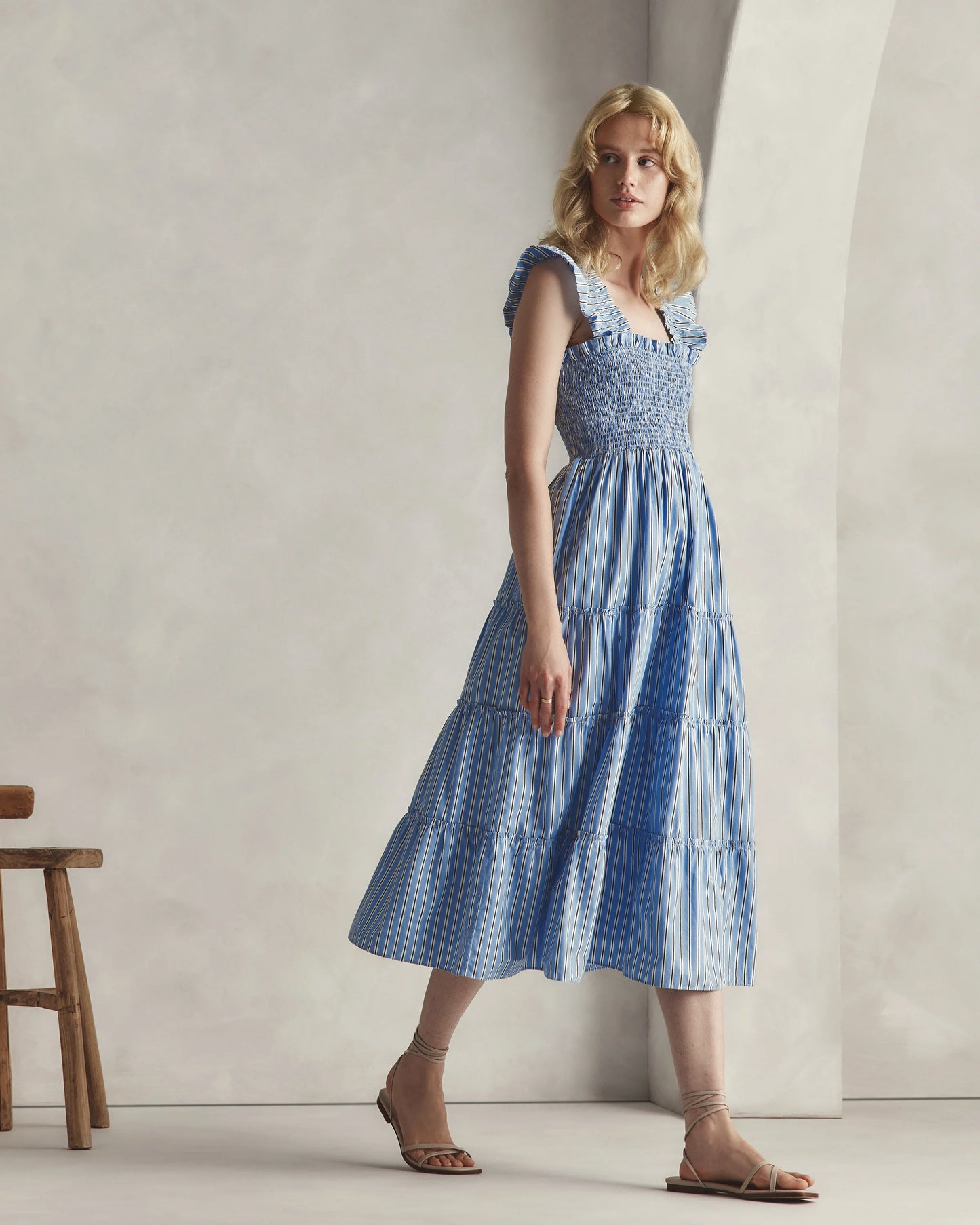 100% Organic Cotton Poplin Smocked Midi Dress - XS / Riviera Blue Heirloom Floral