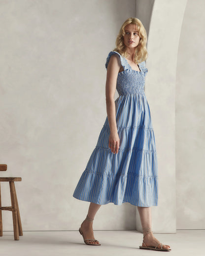 100% Organic Cotton Poplin Smocked Midi Dress - XS / Riviera Blue Heirloom Floral
