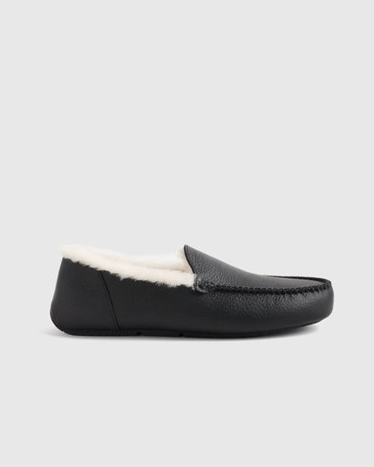 Italian Leather Handstitched Moccasin Slipper - 7 / Black
