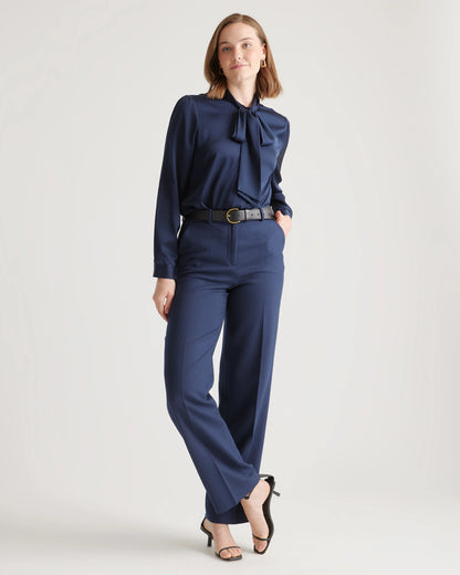 Washable Stretch Silk Tie Neck Blouse - XS / Moonstone Blue