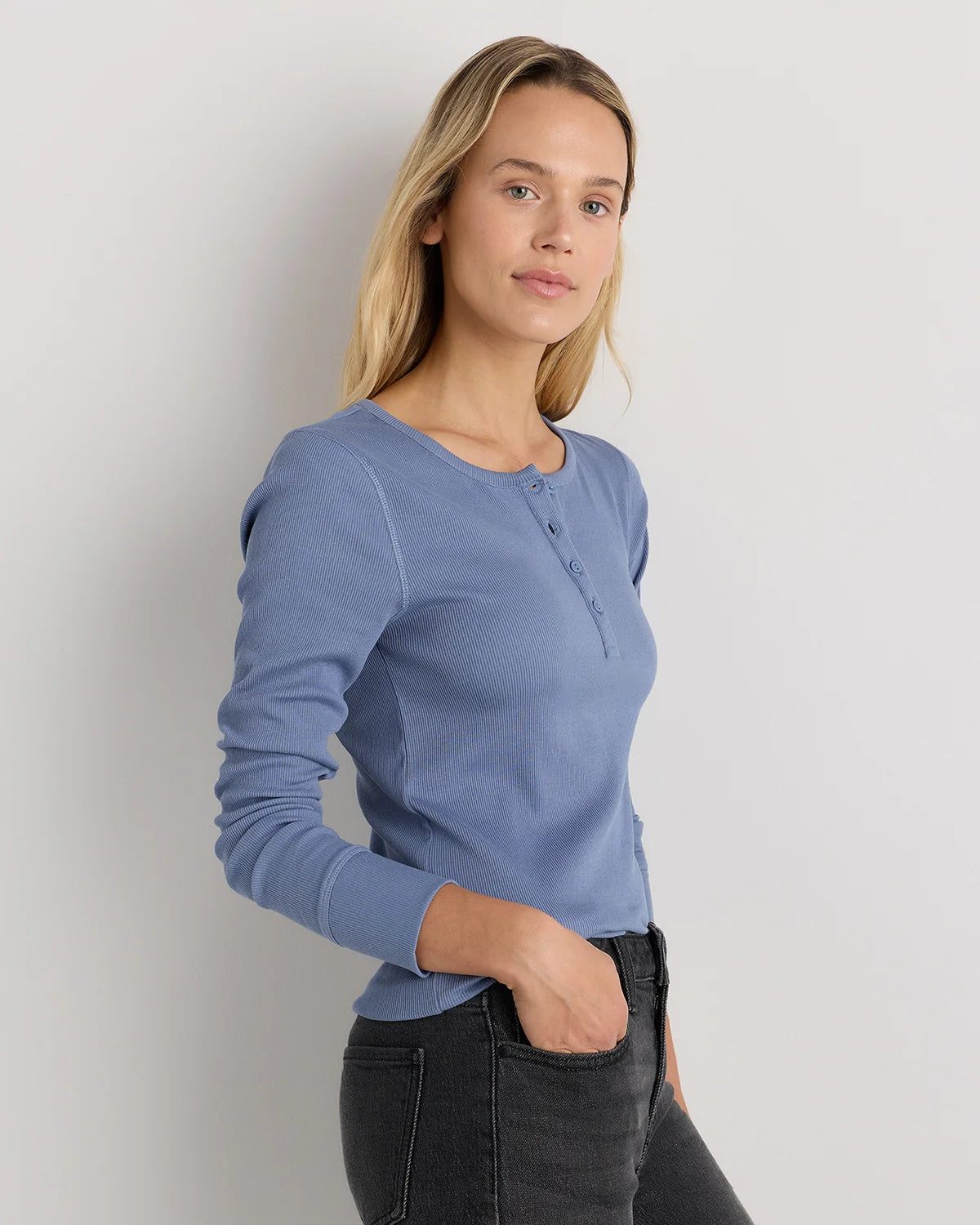 Organic Cotton Micro-Rib Henley Long Sleeve Tee - XS / Heather Oatmeal