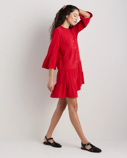 100% Organic Cotton Gauze Long Sleeve Tiered Mini Dress - XS / Amaranth Pink