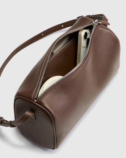 Italian Leather Mini Barrel Shoulder Bag - One Size / Dark Brown
