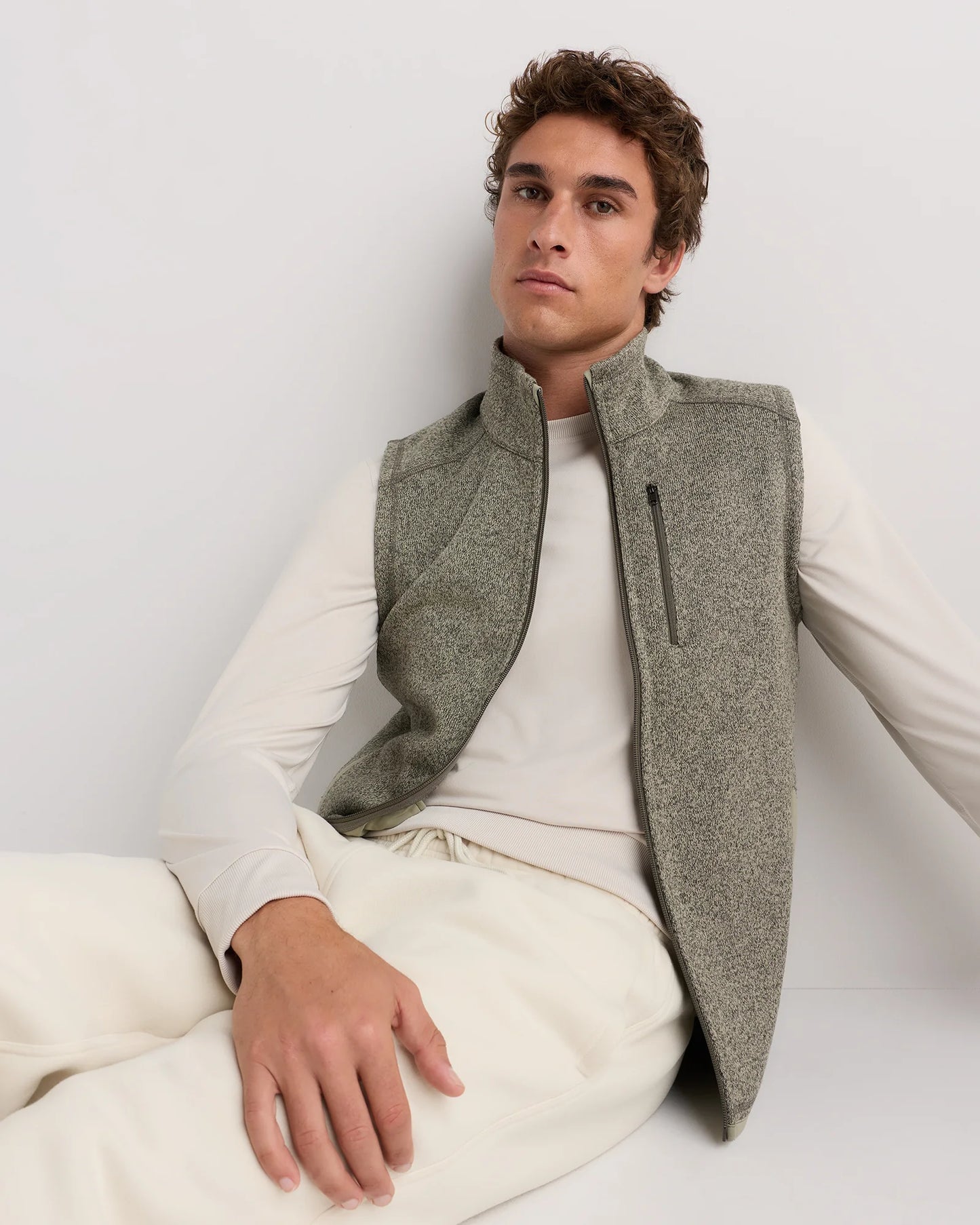 Sweater-Knit Fleece Full-Zip Vest - S / Heather Mineral Green