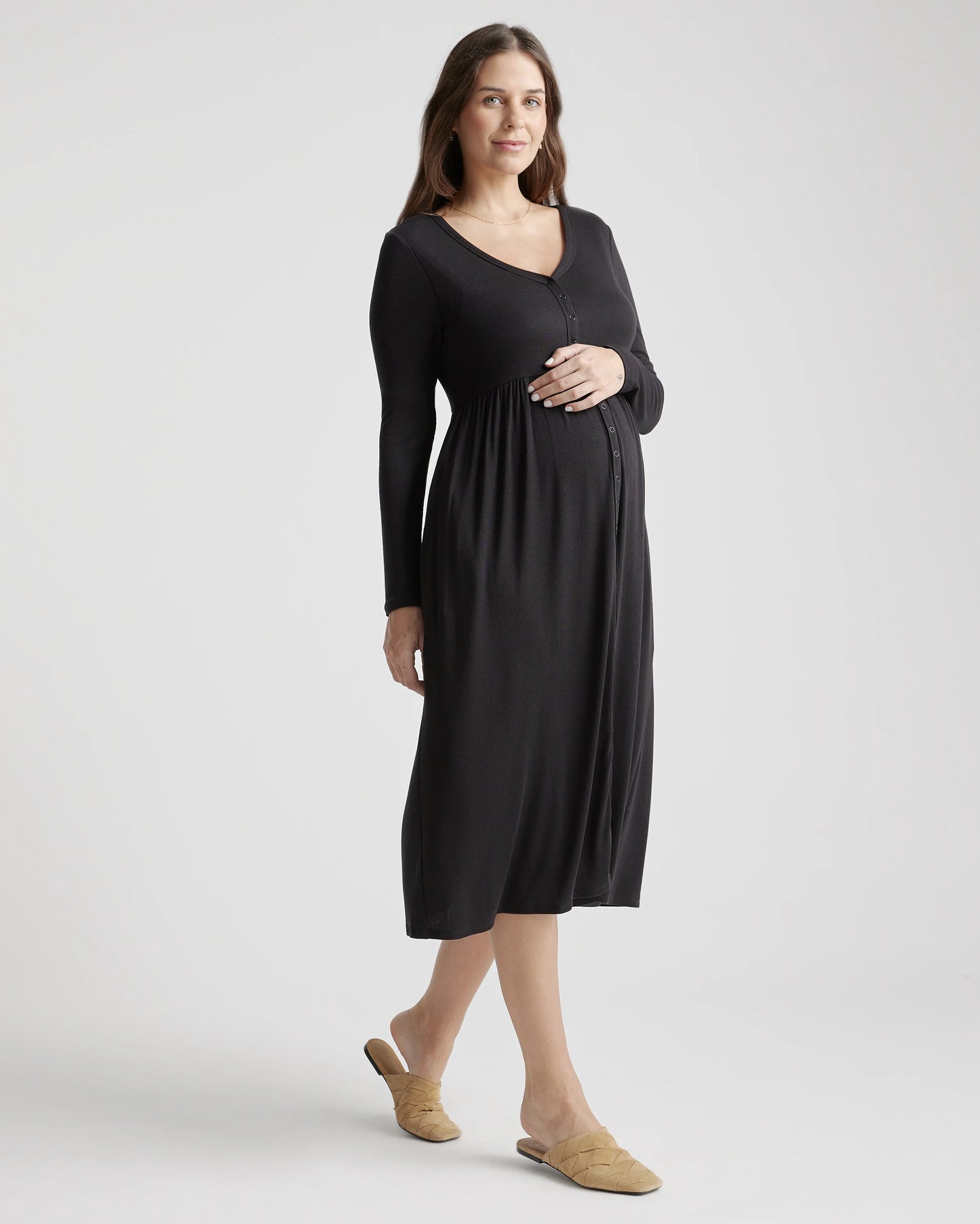 Tencel Rib Maternity & Nursing Button Front Dress - XS / Black