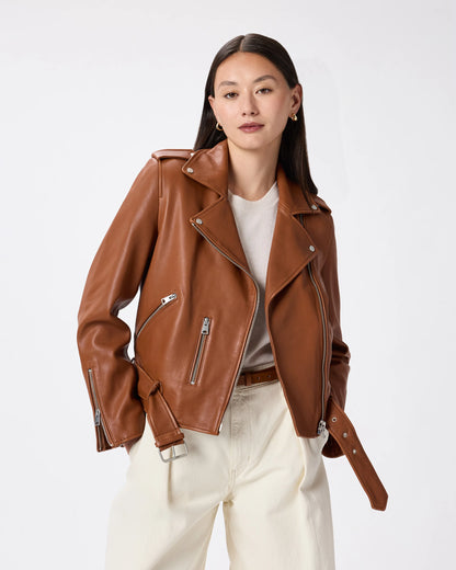 100% Leather Motorcycle Jacket - XS / Cognac