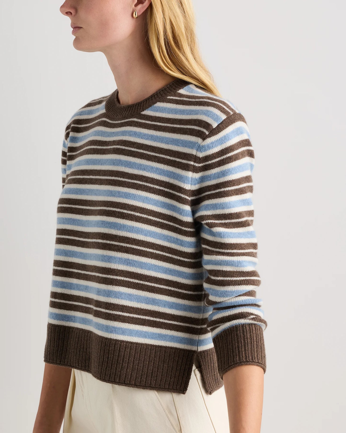 Mongolian Cashmere Boxy Crewneck Sweater - XS / Faded Denim/Brown/Ivory Variegated Stripe