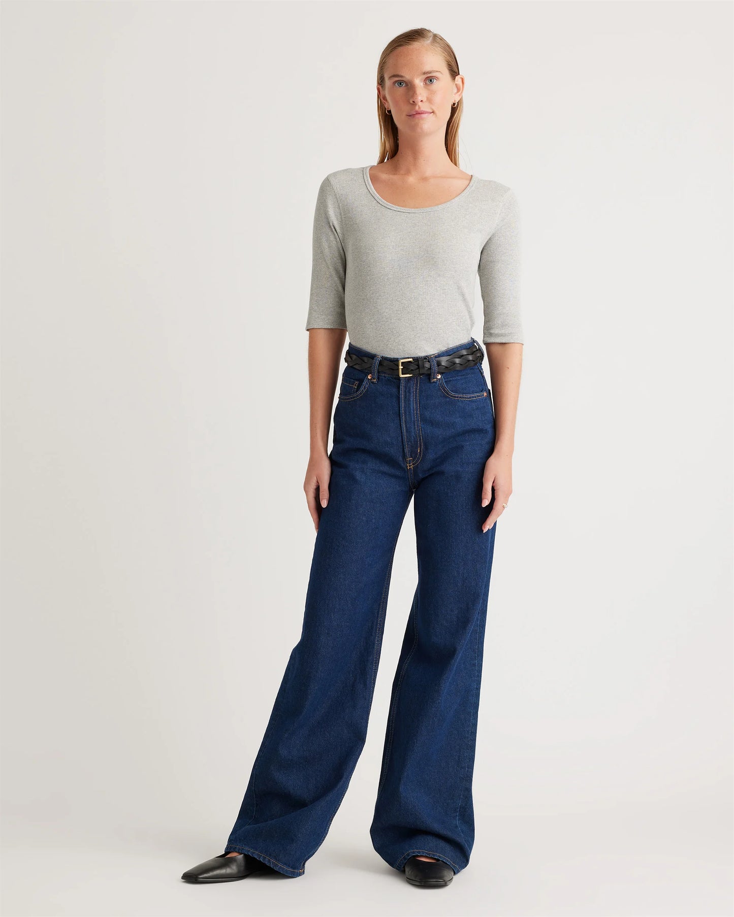 Organic Cotton Micro-Rib Elbow Sleeve Tee - XS / Moonstone Blue