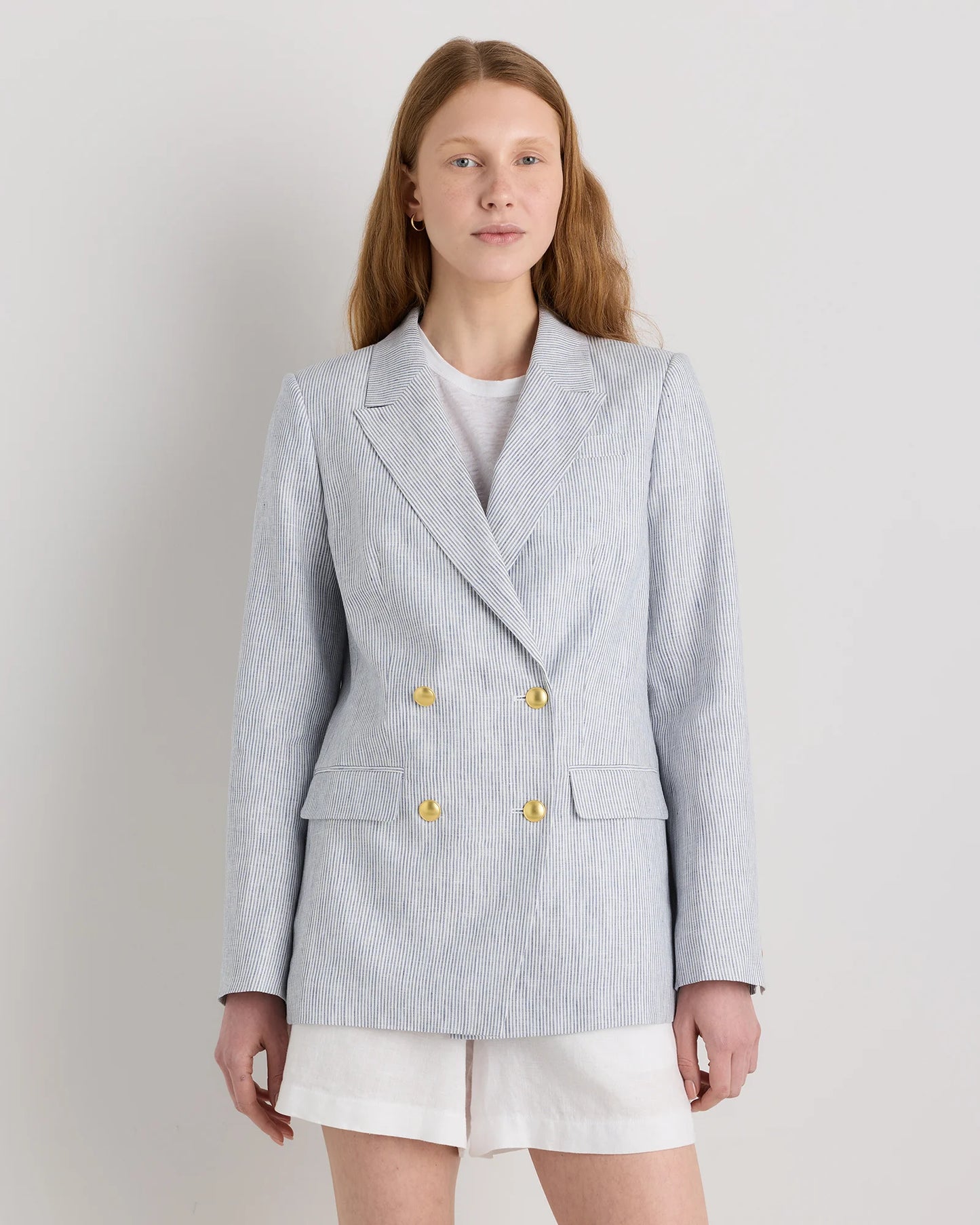 100% European Linen Relaxed Double-Breasted Blazer - XS / Blue Pinstripe