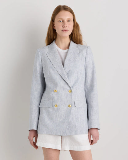 100% European Linen Relaxed Double-Breasted Blazer - XS / Blue Pinstripe
