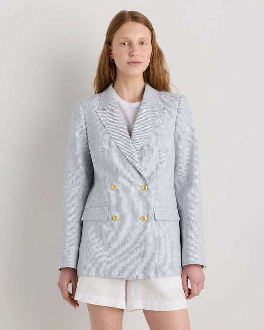 100% European Linen Relaxed Double-Breasted Blazer - XS / Blue Pinstripe