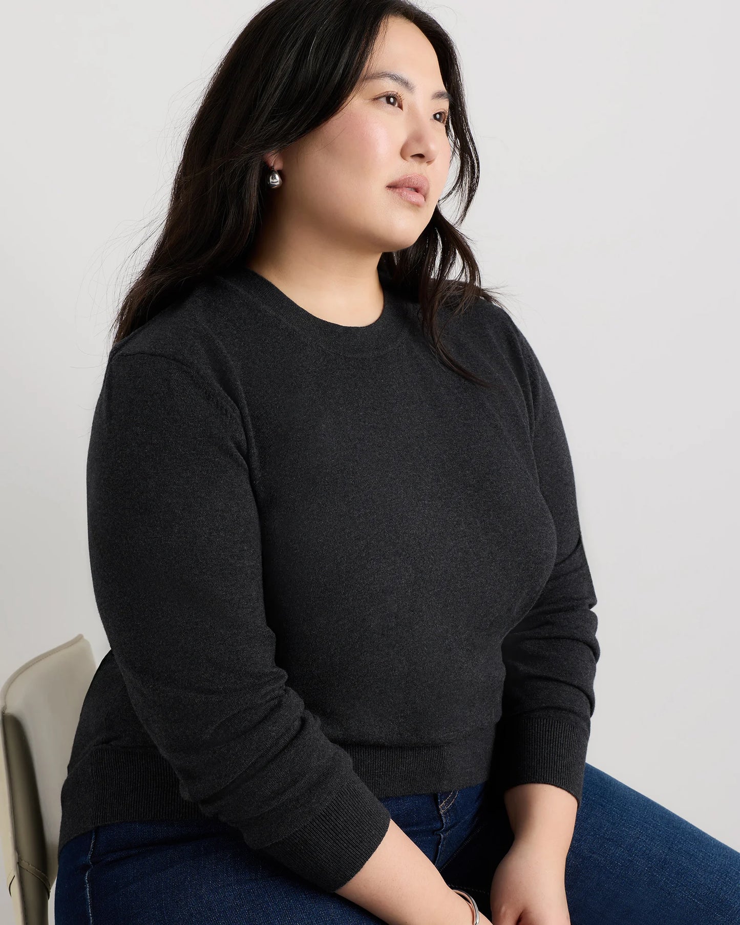 Lightweight Cotton Cashmere Crew Sweater - 1X / Black