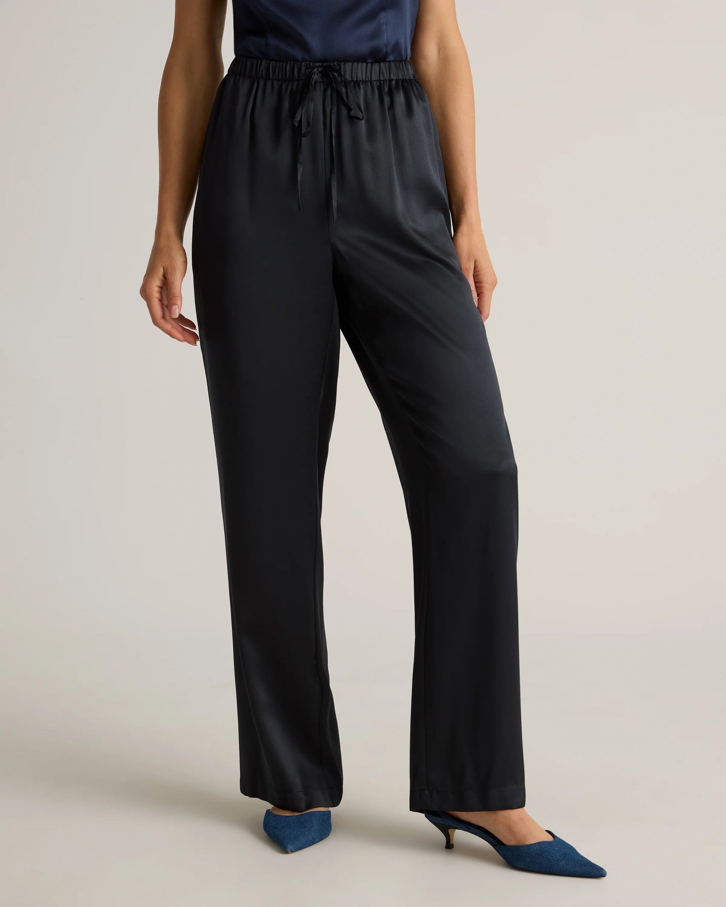 100% Washable Silk Drawstring Wide Leg Pants - XS / Black
