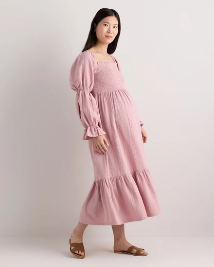 100% Organic Cotton Gauze Maternity Smocked Midi Dress - XS / Wild Cherry