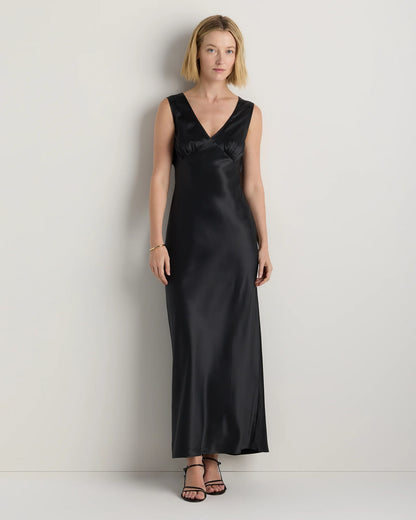 100% Washable Silk V-Neck Maxi Dress - XS / Black