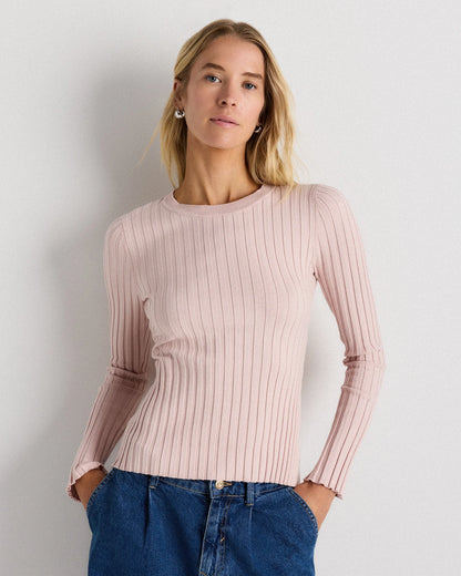 Cotton Cashmere Ribbed Long Sleeve Sweater - XS / Sugar Stone