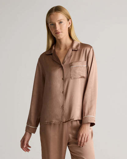 100% Washable Silk Satin Pajama Long Sleeve Top - XS / Toasted Almond