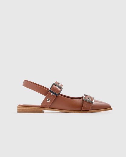 Italian Leather Bold Buckle Slingback Flat - 5 / Black