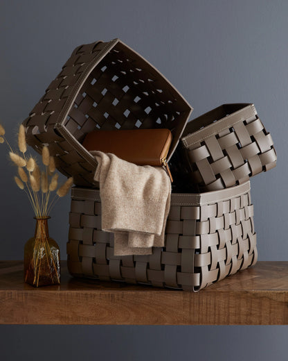 Recycled Woven Leather Baskets (set of 3) - One Size / Cognac