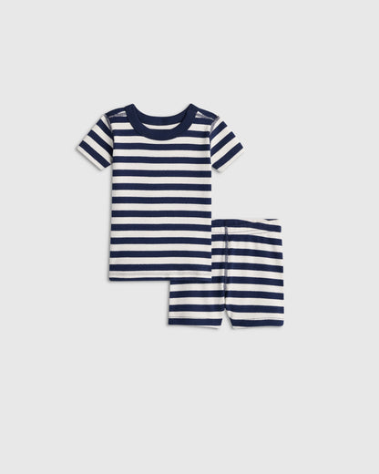 100% Organic Cotton Short Sleeve and Shorts Pajama Set - 12-18M / Navy Stripe